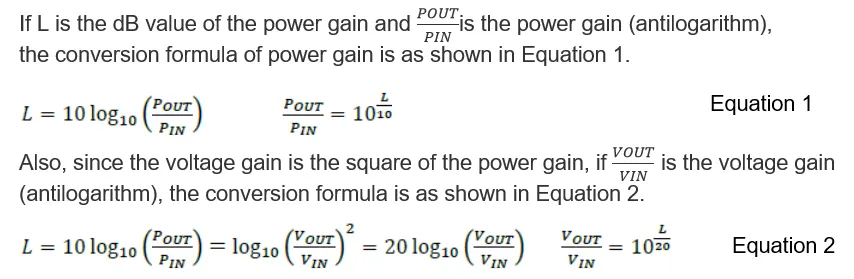 The conversion formulas for each gain are shown in Equation 1 and Equation 2.