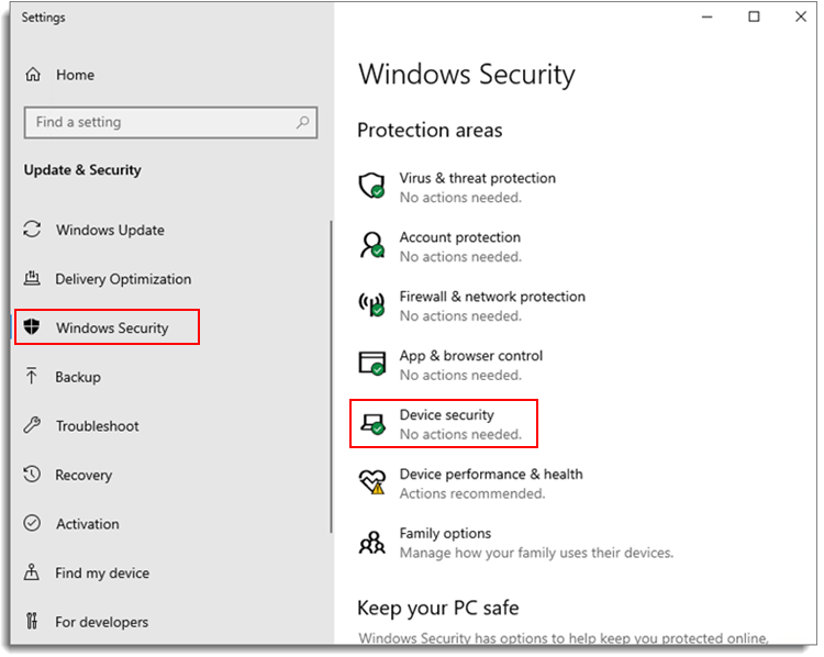From Windows Security window, open Device security.