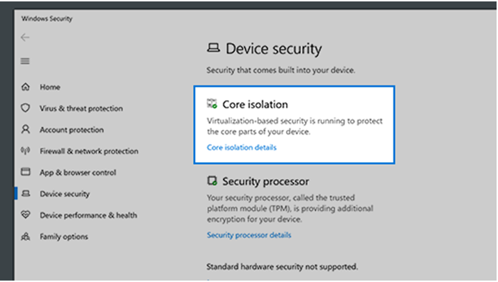 From Device security, open Core isolation.