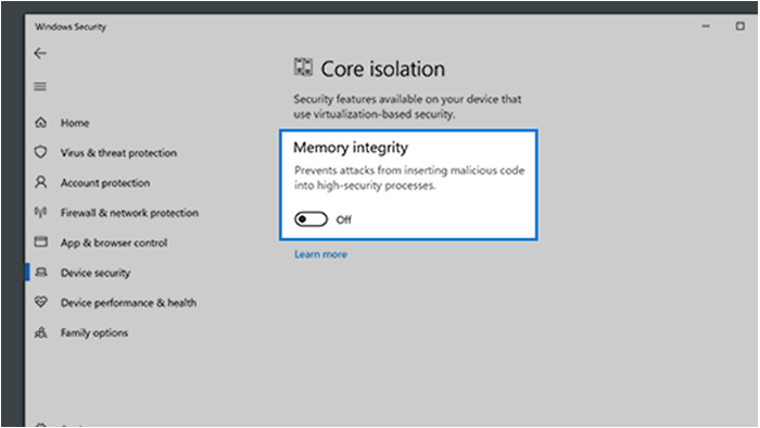 Select Memory integrity “Off” in the Core isolation.