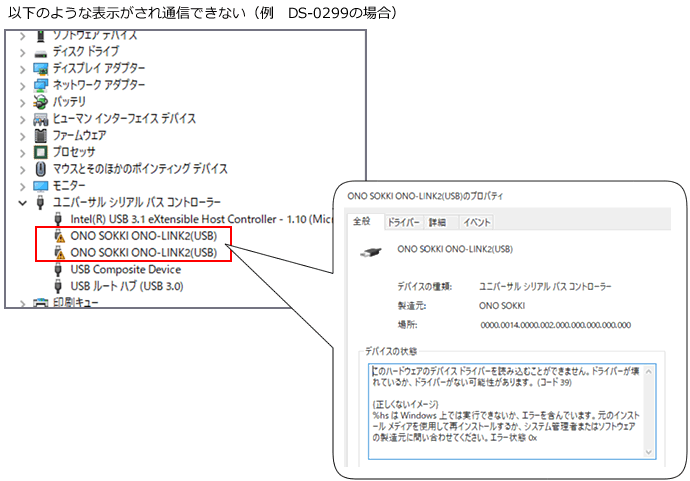 以下のような表示がされ通信できない（例　DS-0299の場合）