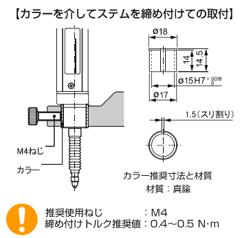 カラーを介してステムを締め付けての取付