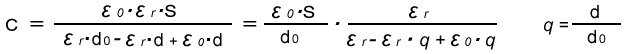 Ｃ＝ε0・εr・S／（εr・d0－εr・d+ε0・d）＝（ε0・S／d0）・εr／（εr－εr・q+ε0・q）　q=d/d0 