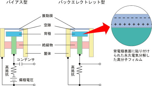 イラスト（バイヤス型とバックエレクトレット型マイクロホンの構造）