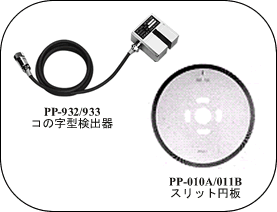 製品写真（PP-932/933コの字型検出器とPP-010A/011Bスリット円板）